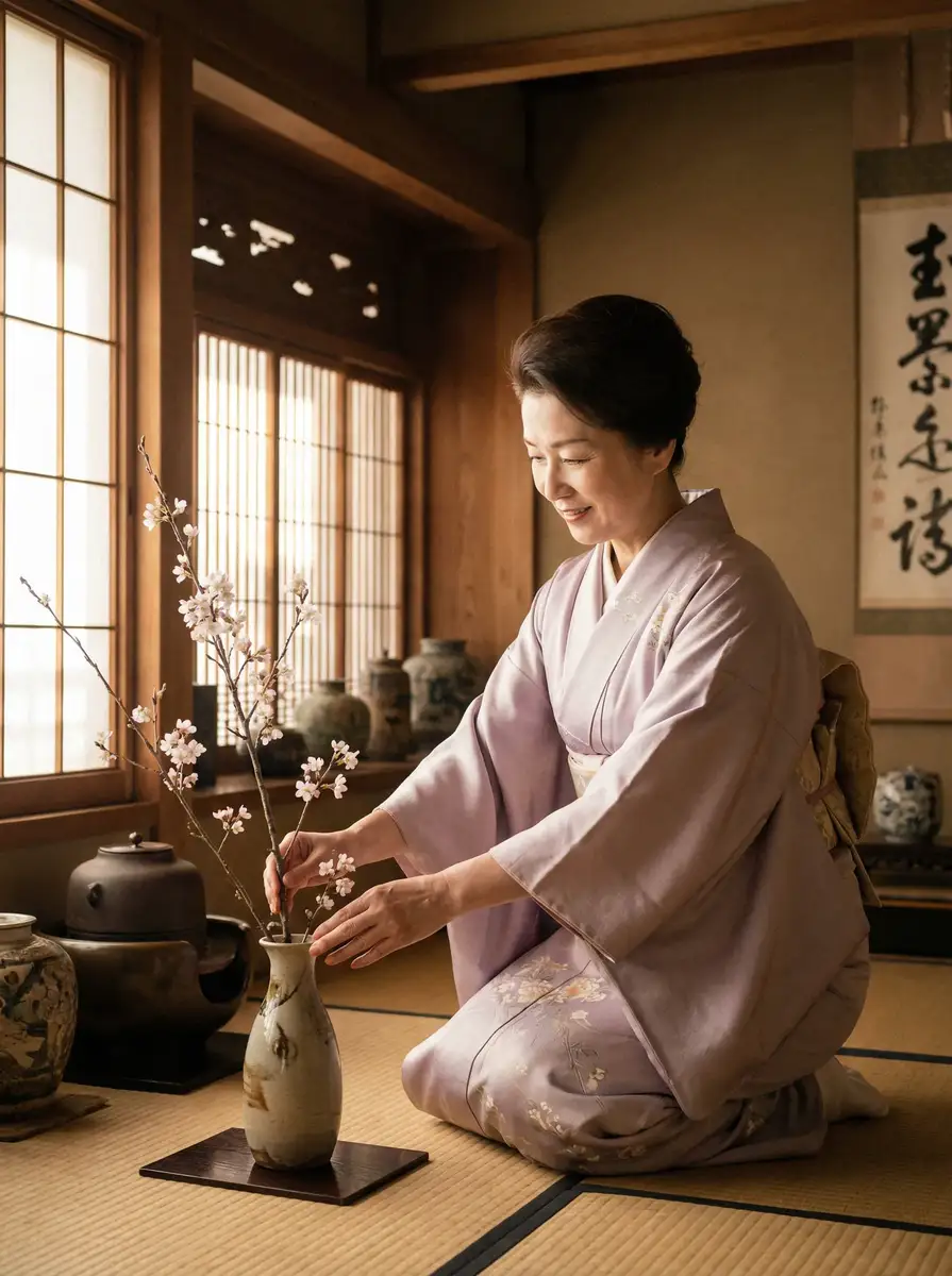 一位优雅的 香蕉视频 在和室中插花